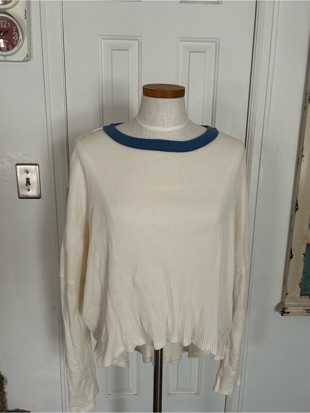 We The Free Cream Waffle-Knit Scoop Neck Sweater with Blue Trim